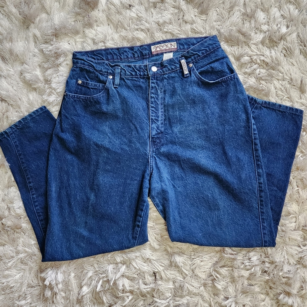 SASSON Women Jeans High Rise Tapered Leg Solid Blue Dark Wash W:34 L:27
